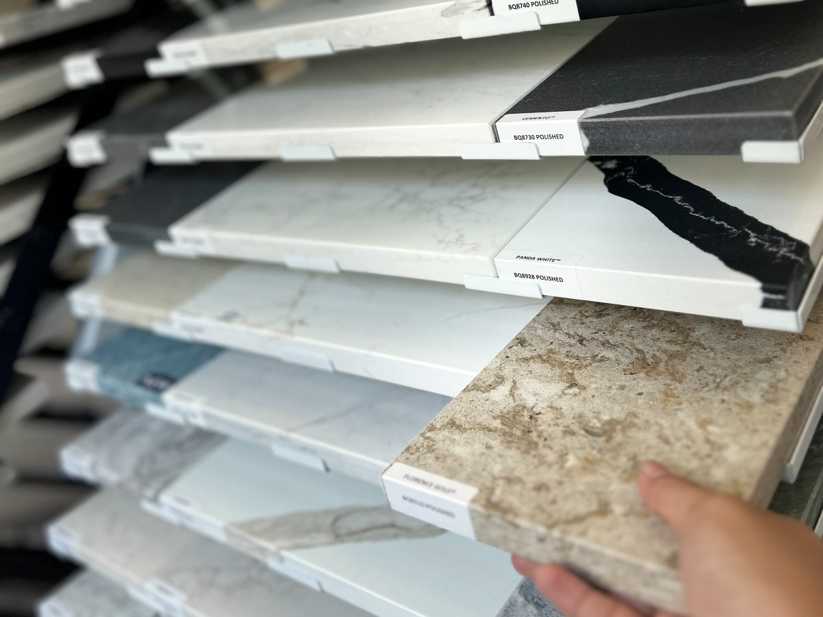 Quartz and granite countertop samples at Genis Pacific in Shallotte, NC