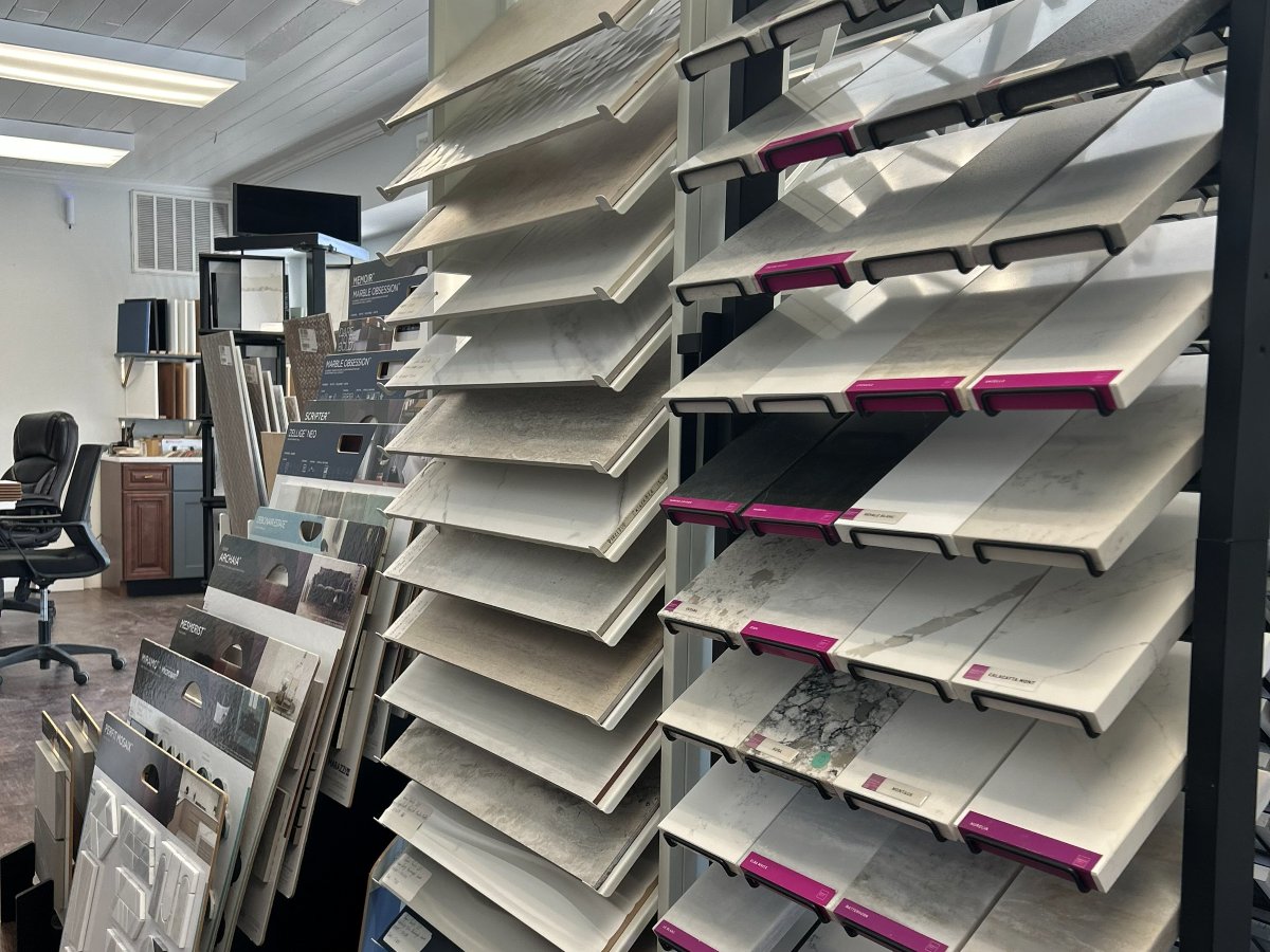 Genis Pacific showroom in Shallotte, NC with countertop, tile and flooring samples